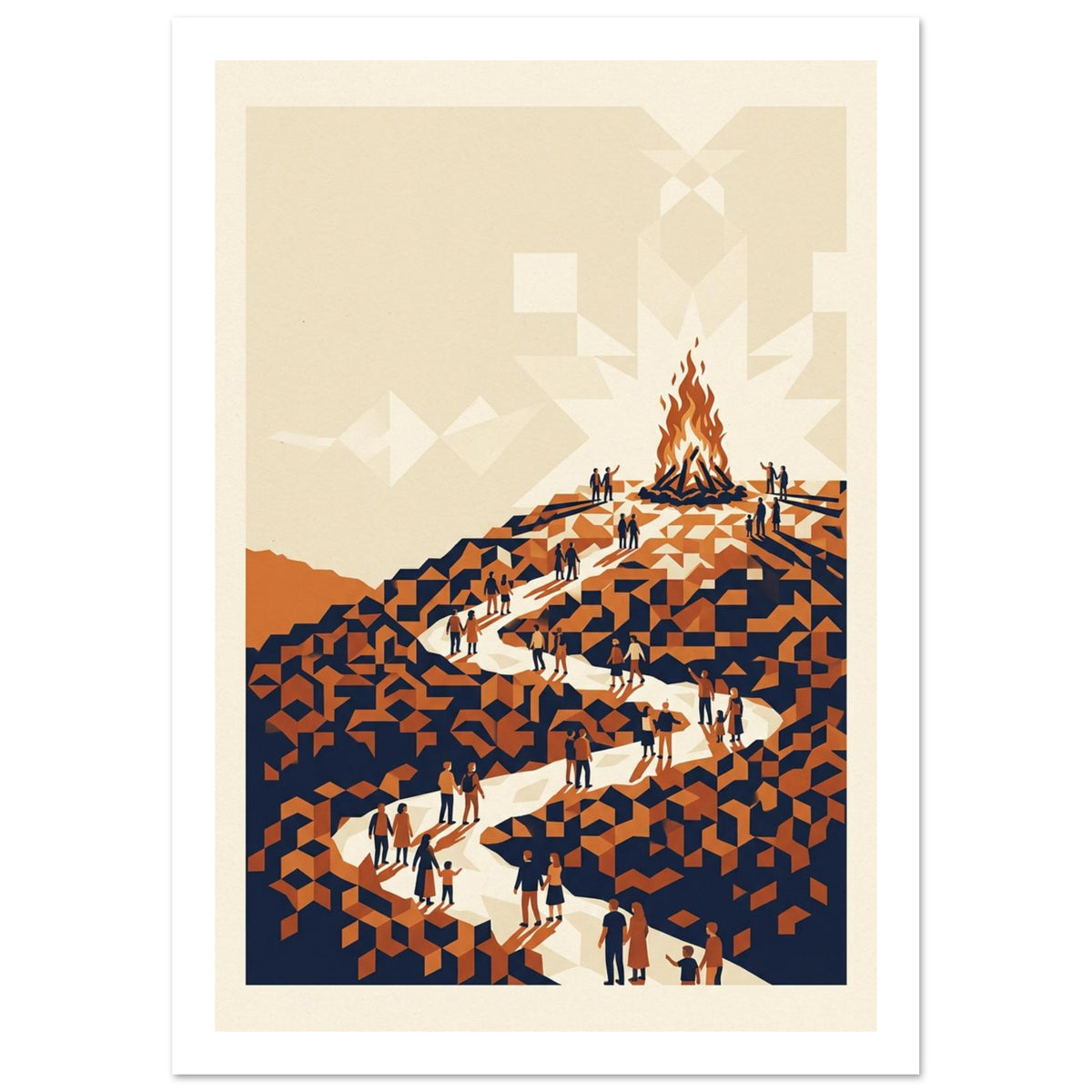 Figures follow a winding cream path up an orange and navy geometric hillside towards a tall bonfire beneath a pale sky.