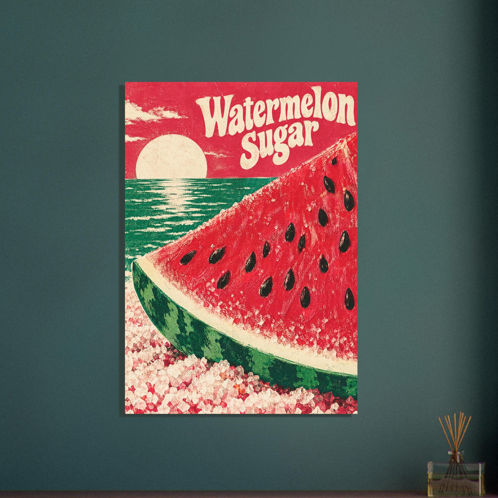 Watermelon wedge beneath cream “Watermelon Sugar” lettering, with a green sea, cream sun and distressed red sky.