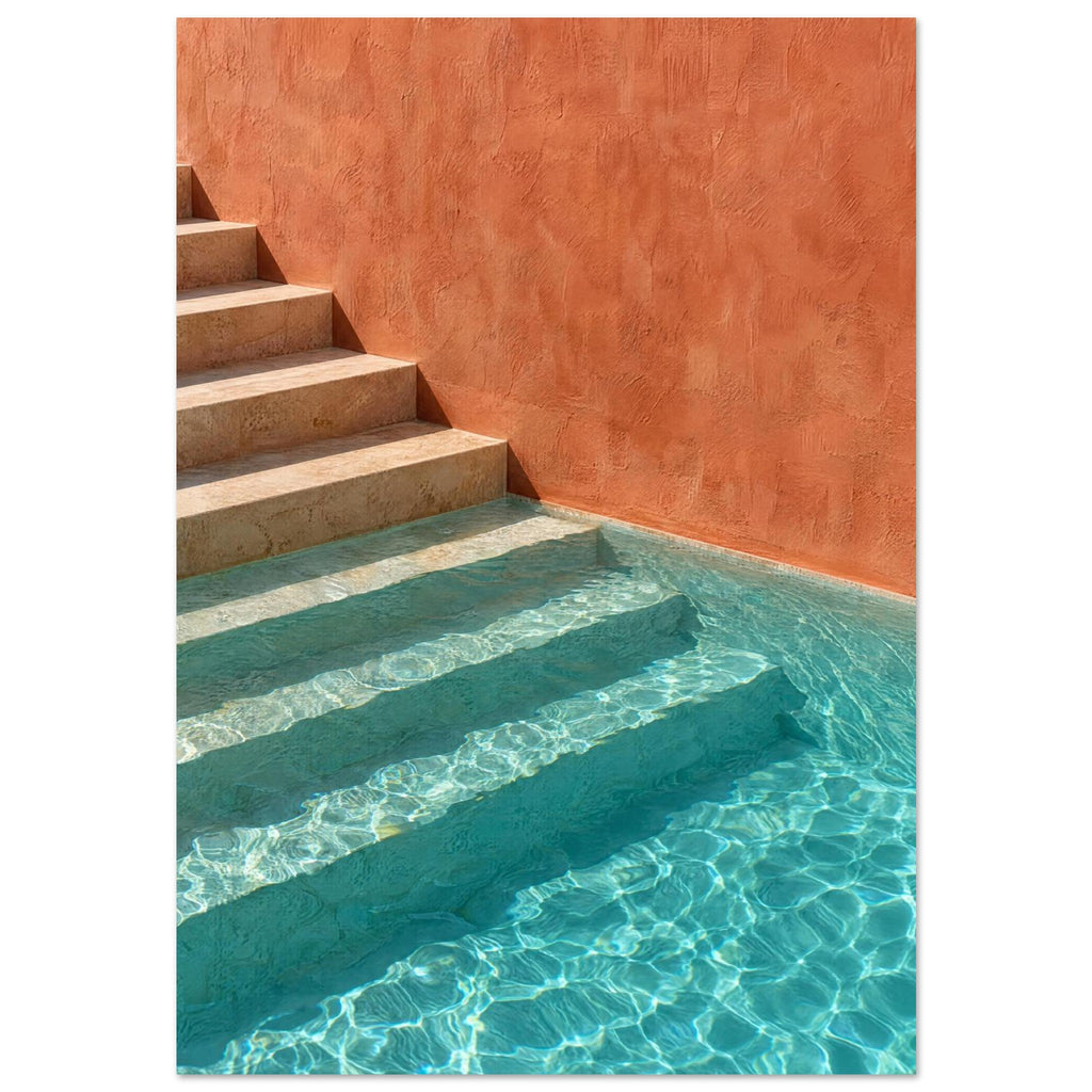 Stone steps descending into turquoise pool water beside a terracotta wall, with sunlight rippling across submerged stairs.