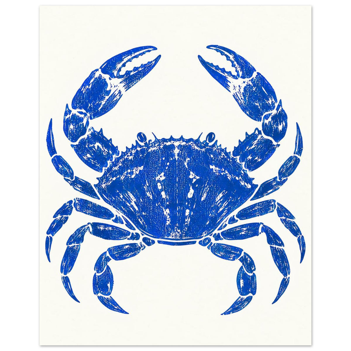 Ultramarine blue crab with raised claws and distressed detailing, centred on a warm cream background.