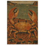 Orange and ochre crab with raised claws on a rocky shore, with muted green water and distant rocks in textured brushstrokes.