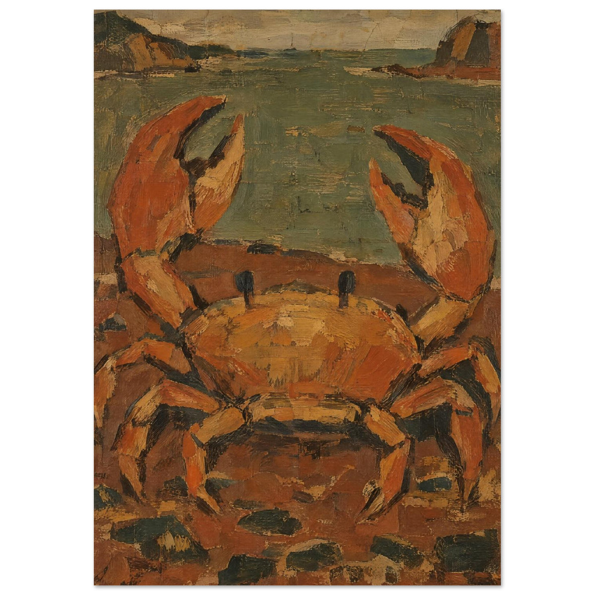 Orange and ochre crab with raised claws on a rocky shore, with muted green water and distant rocks in textured brushstrokes.
