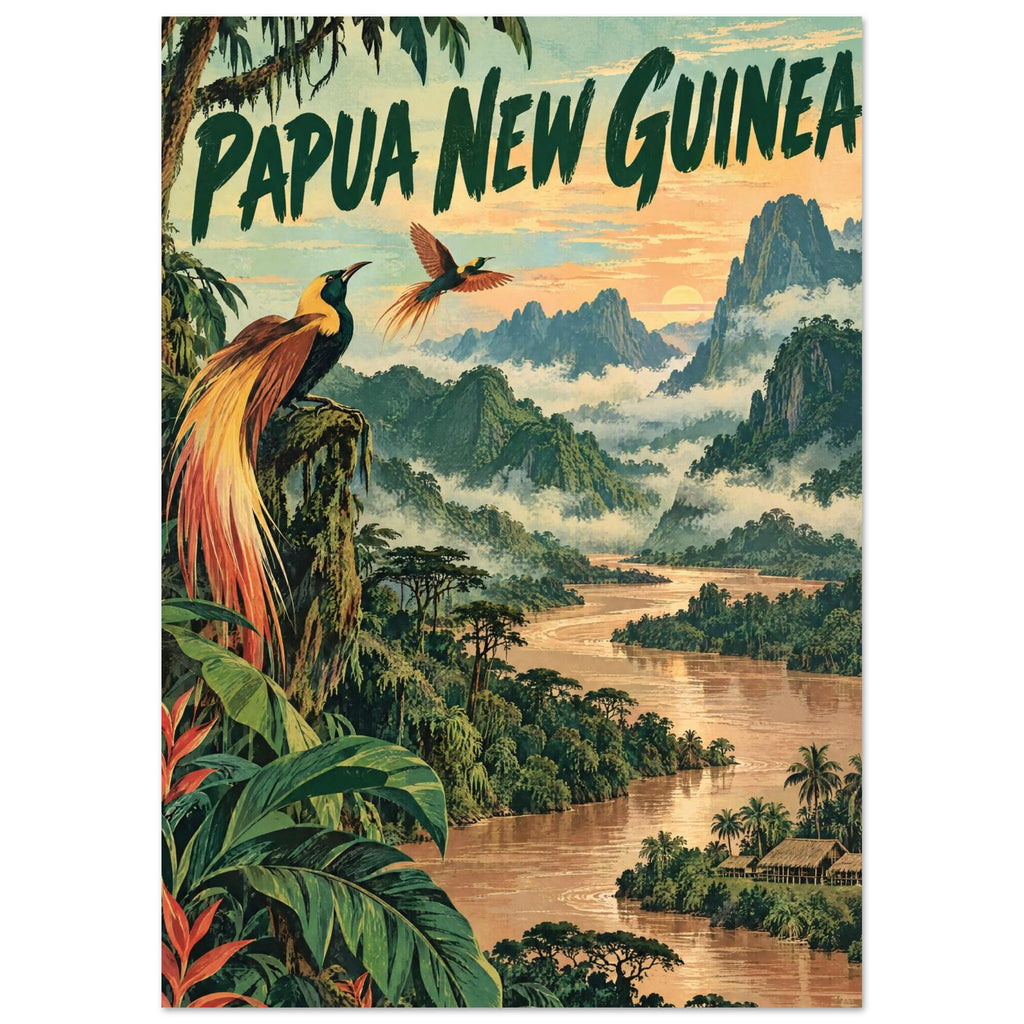 Papua New Guinea lettering above tropical birds, lush foliage and a winding river beneath misty mountains at sunset.
