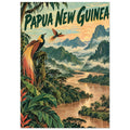 Papua New Guinea lettering above tropical birds, lush foliage and a winding river beneath misty mountains at sunset.