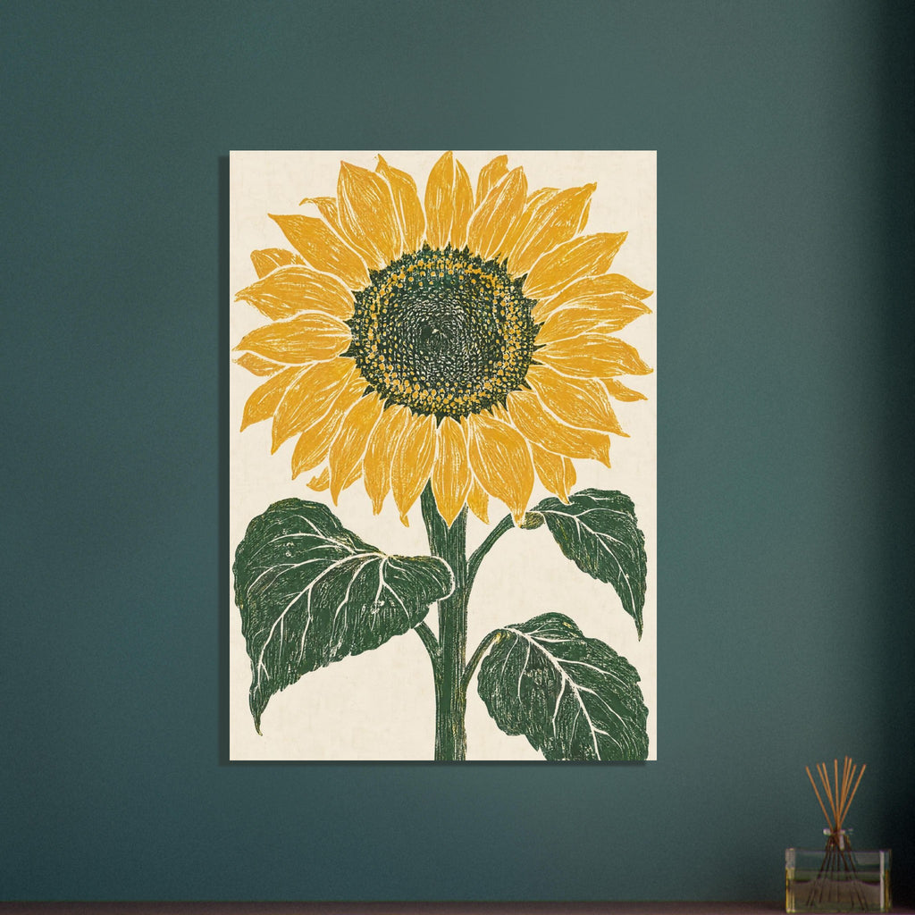 Yellow sunflower with a dark seed centre, green stem and three large leaves on a textured cream background.