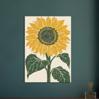 Yellow sunflower with a dark seed centre, green stem and three large leaves on a textured cream background.