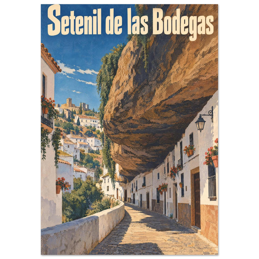 Setenil de las Bodegas street with white houses beneath a huge brown rock overhang, blue sky and cream title lettering.