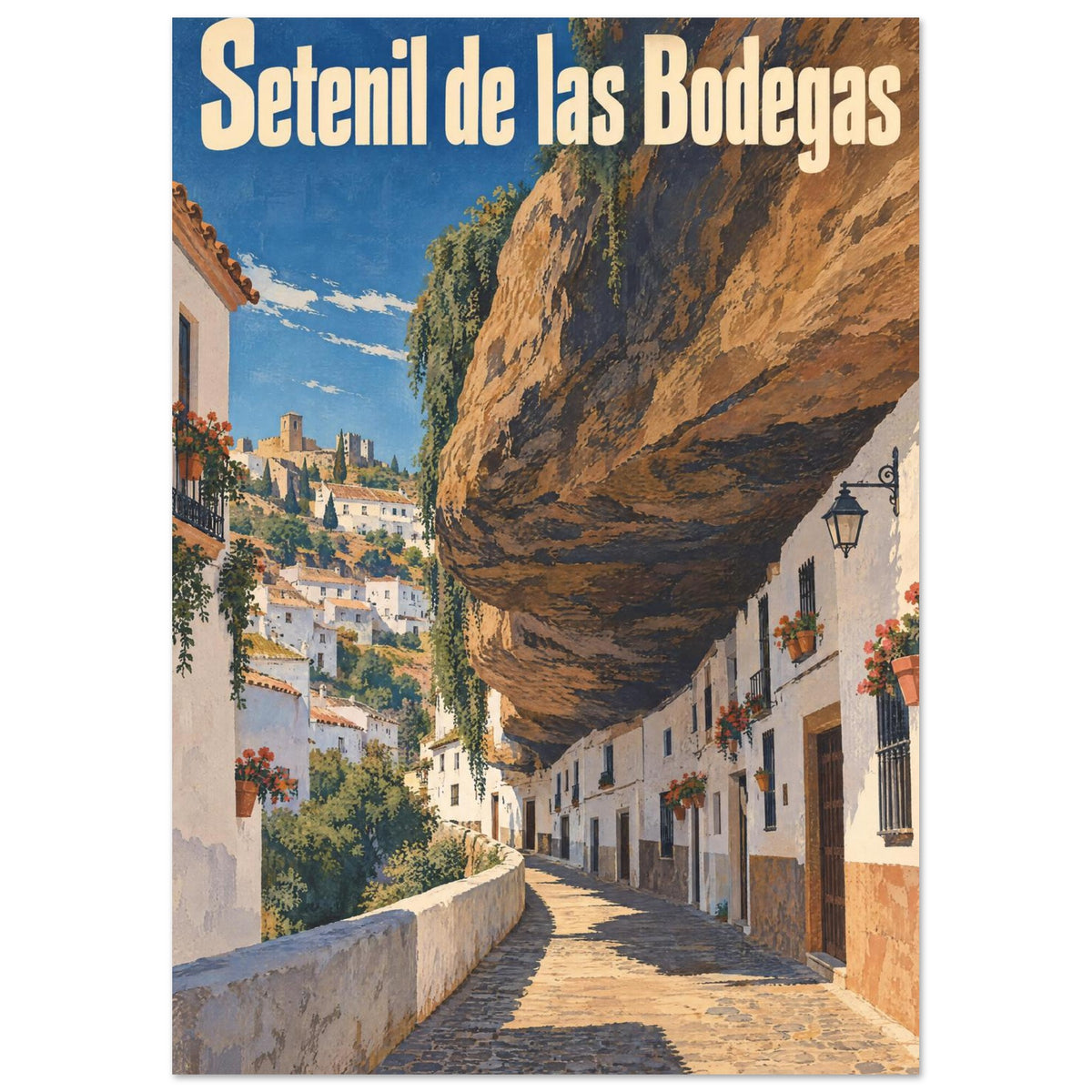 Setenil de las Bodegas street with white houses beneath a huge brown rock overhang, blue sky and cream title lettering.