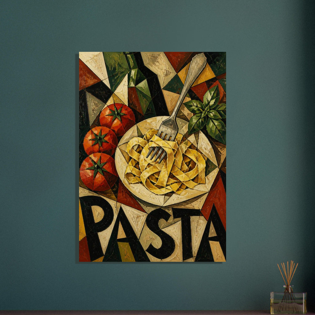 Cubist still life of ribbon pasta on a plate, a fork, three tomatoes, herbs and a dark bottle, with PASTA lettering.