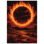 Ring of orange flames above a red and black desert with towering rock formations, low shrubs and spiky plants.
