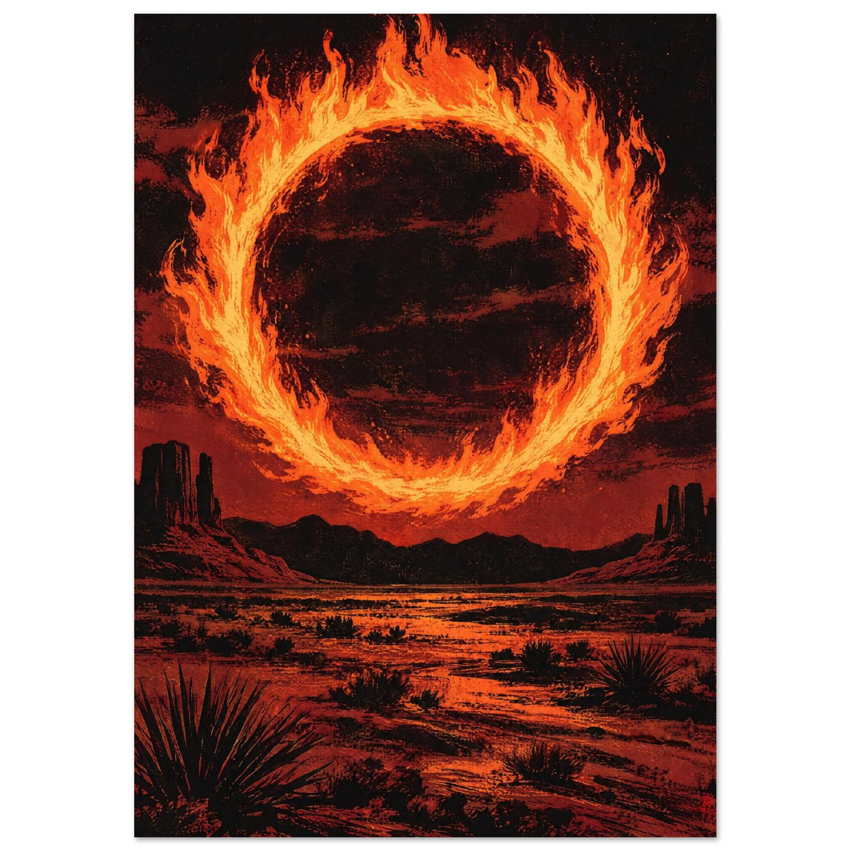 Ring of orange flames above a red and black desert with towering rock formations, low shrubs and spiky plants.
