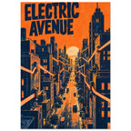 Electric Avenue lettering above an orange and navy city street, with tall buildings, zigzag lines and a pale sun.