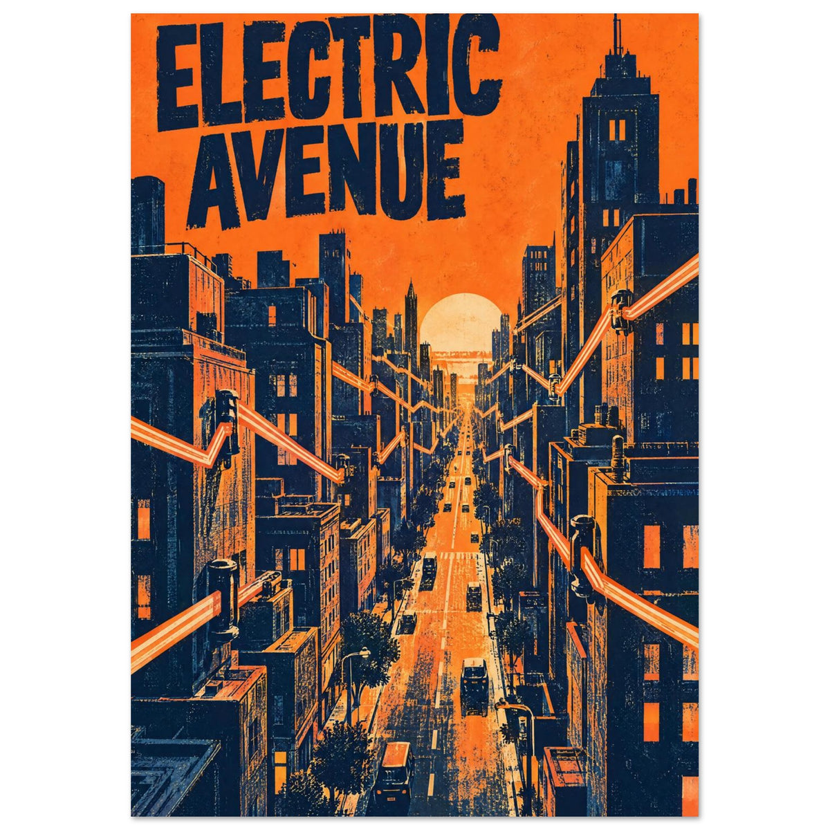 Electric Avenue lettering above an orange and navy city street, with tall buildings, zigzag lines and a pale sun.