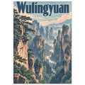 Wulingyuan lettering above towering peach-coloured rock pillars, green trees and a misty blue mountain ravine.