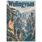 Wulingyuan lettering above towering peach-coloured rock pillars, green trees and a misty blue mountain ravine.