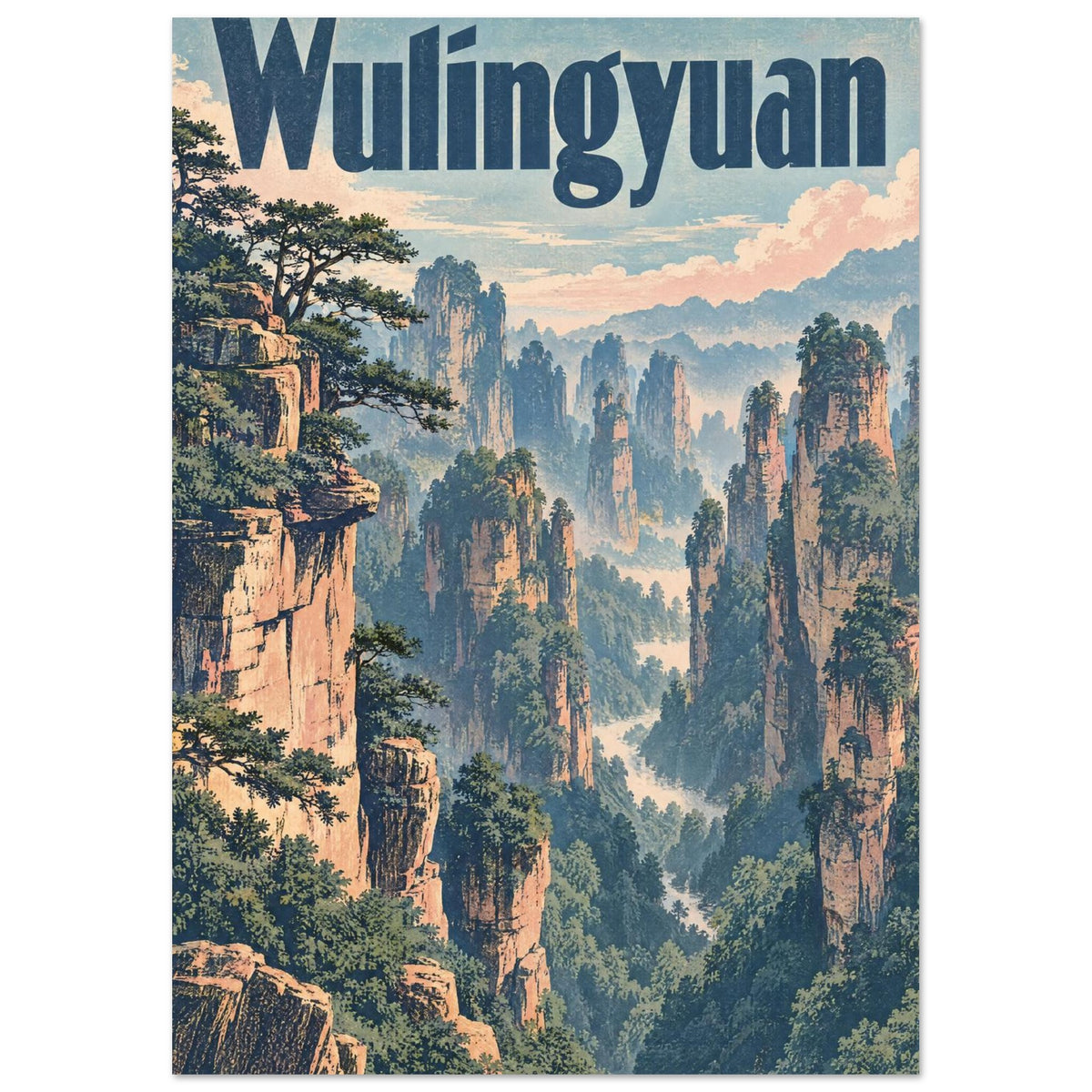 Wulingyuan lettering above towering peach-coloured rock pillars, green trees and a misty blue mountain ravine.