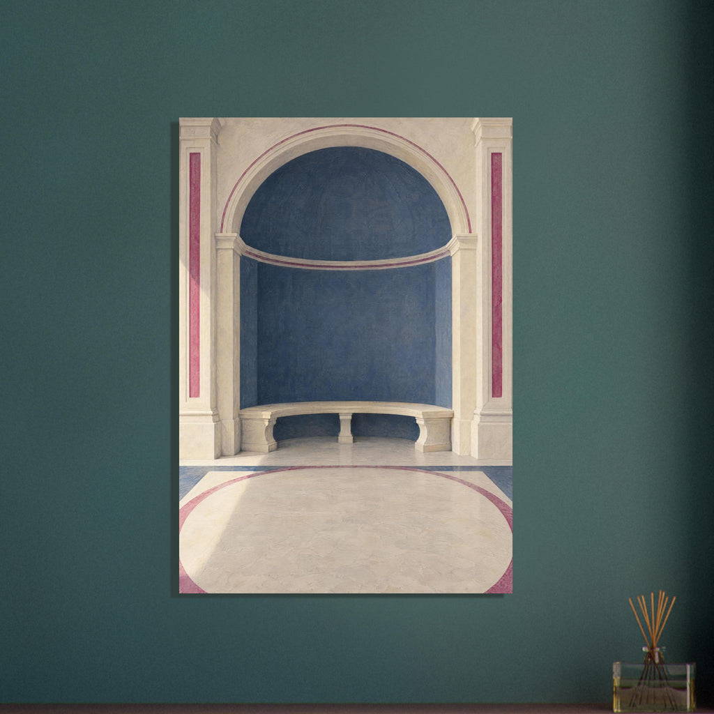 Blue arched alcove with a curved cream stone bench, classical columns and rose-coloured borders across the floor.