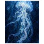 Pale blue jellyfish with a translucent bell and long, rippling tentacles against a deep blue watercolour background.