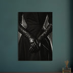 Overlapping hands in long black leather gloves against a dark fitted outfit, photographed in black and white.