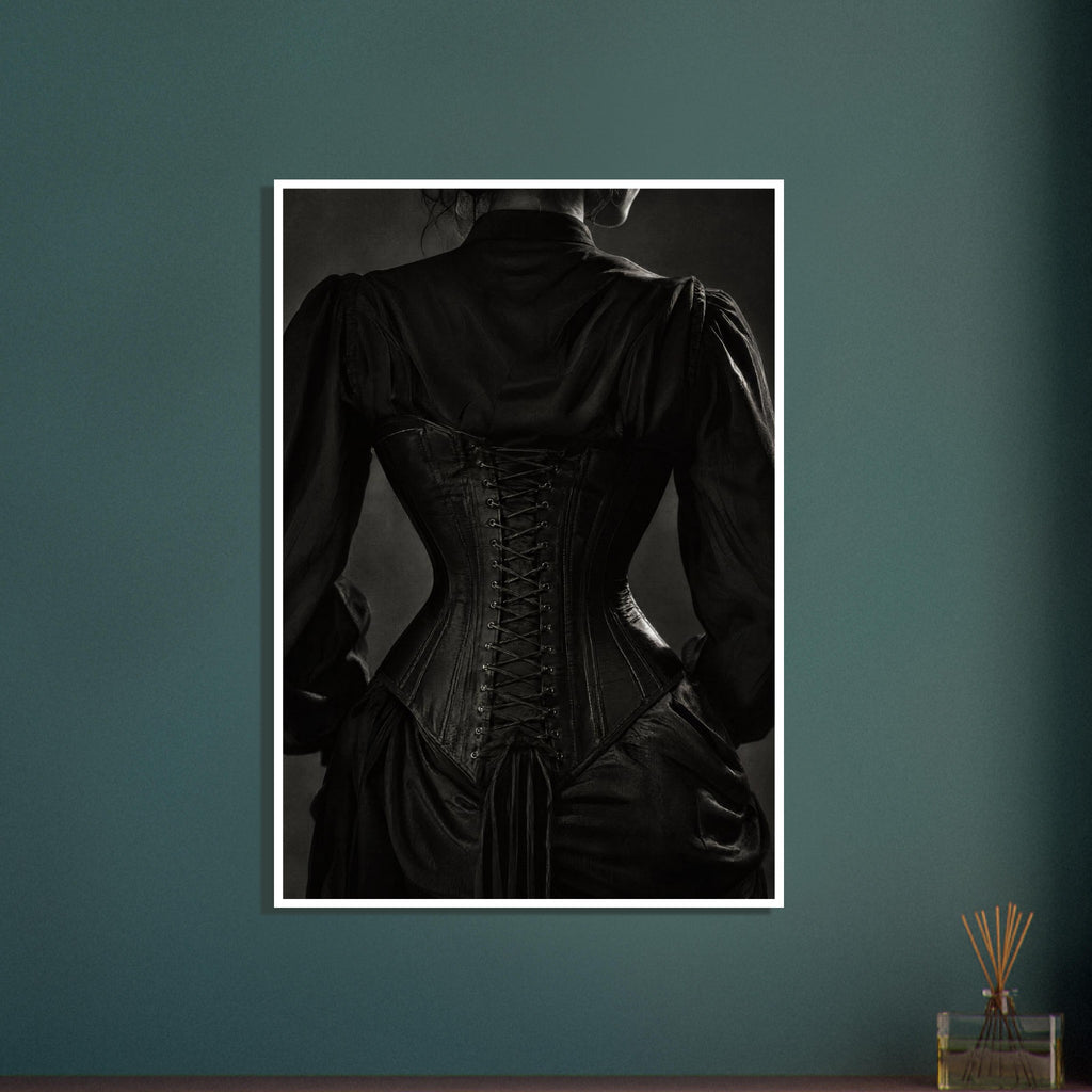Rear view of a figure wearing a black lace-up corset over a dark blouse with gathered shoulders, in black and white.