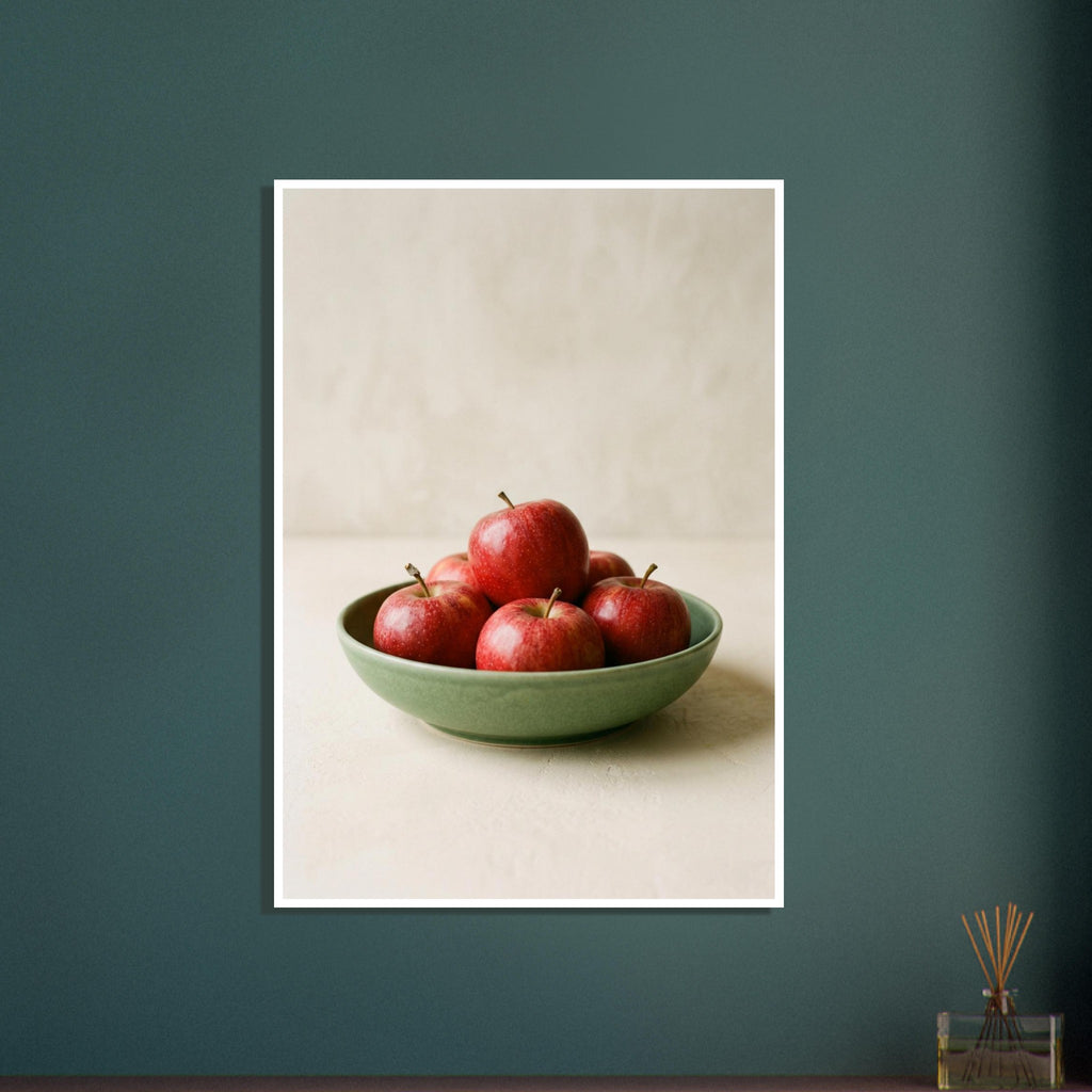 Three red apples nestled in folds of green fabric on a pale wooden surface, with soft light and shadows.