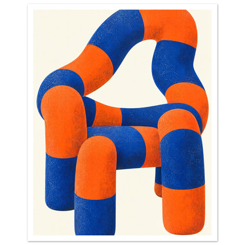 Sculptural chair made of rounded blue and orange sections with mottled texture against a cream background.