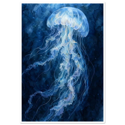 Pale blue jellyfish with a translucent bell and long, rippling tentacles against a deep blue watercolour background.