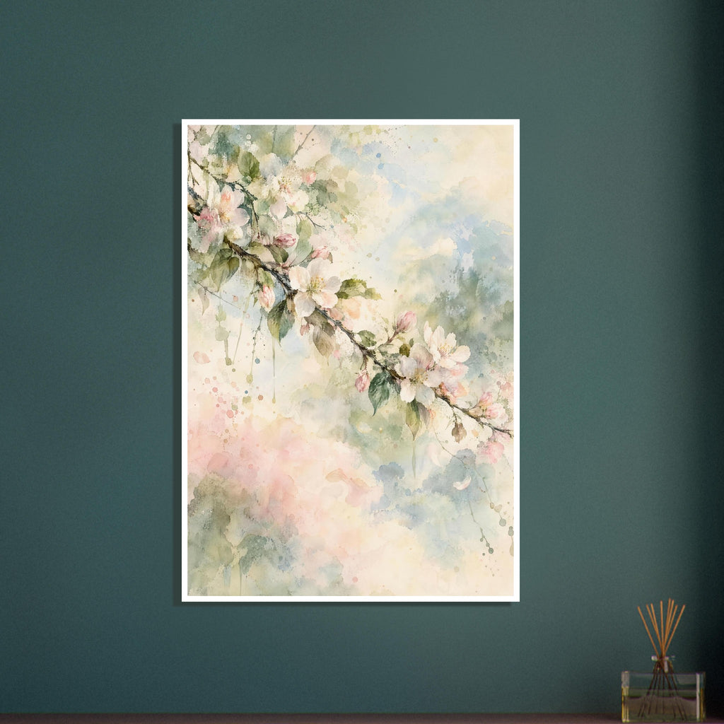 Flowering branch with pale pink and white blossom and green leaves against soft cream, blue and pink watercolour washes.