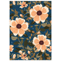 Peach and cream flowers with dark centres among olive-green leaves and curling stems on a deep blue background.
