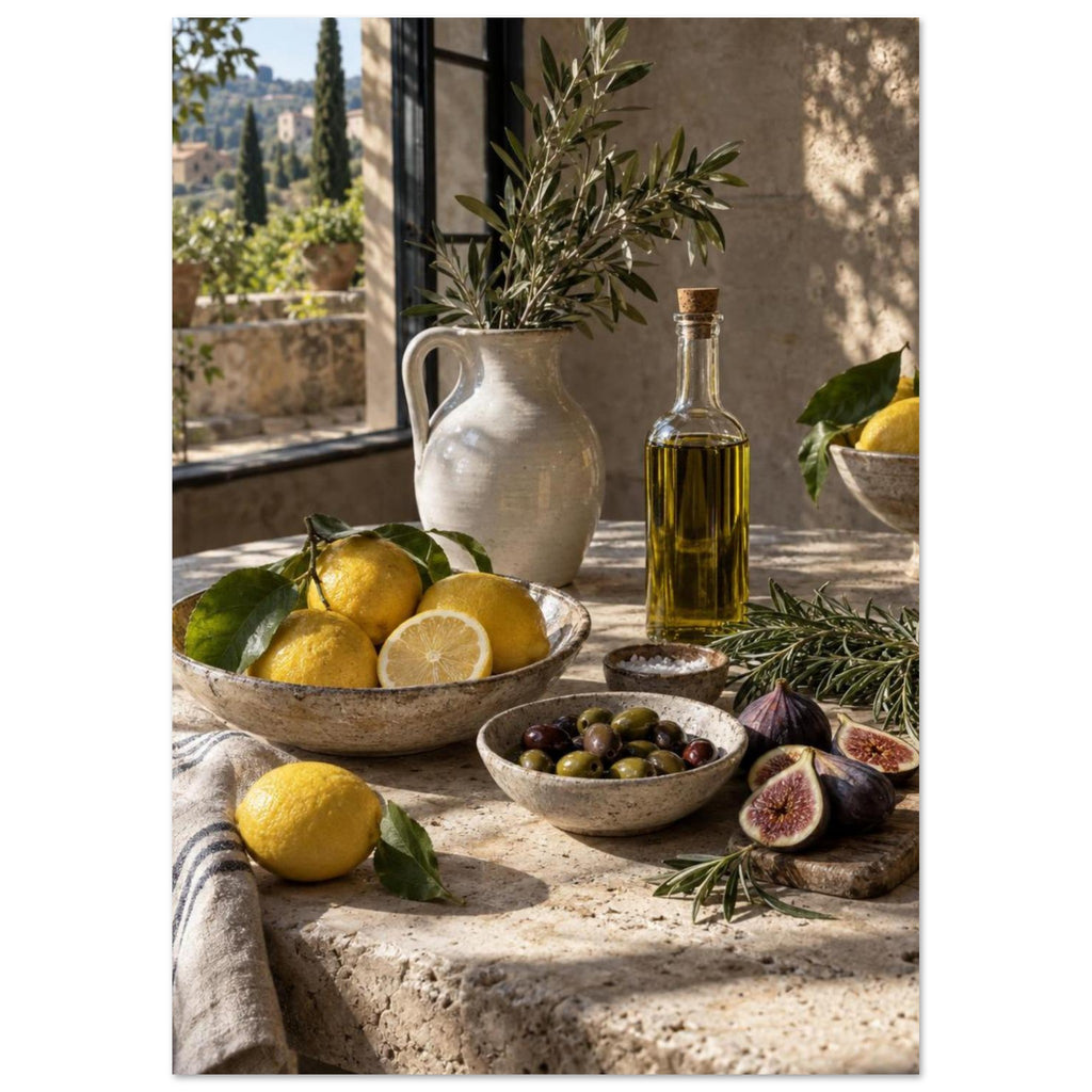 Lemons, olives, figs and a bottle of oil on a stone table beside a ceramic jug of leafy branches and a sunlit window.