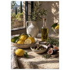 Lemons, olives, figs and a bottle of oil on a stone table beside a ceramic jug of leafy branches and a sunlit window.