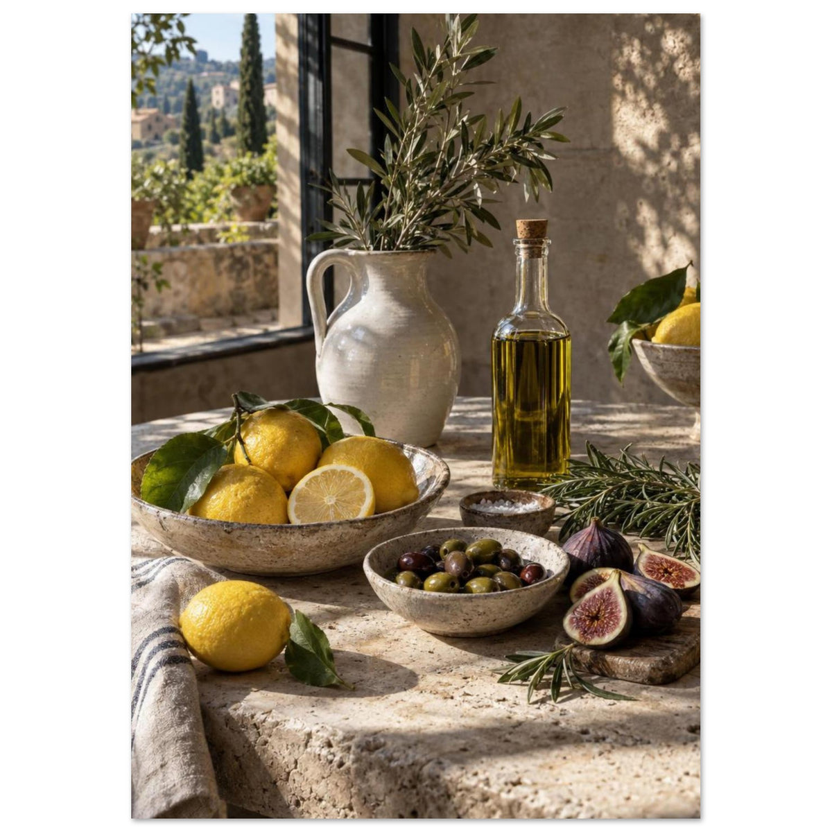 Lemons, olives, figs and a bottle of oil on a stone table beside a ceramic jug of leafy branches and a sunlit window.