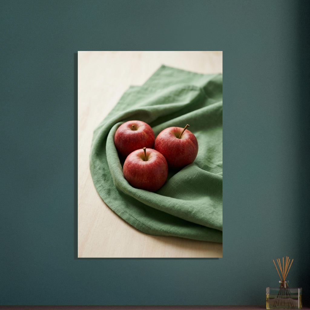 Red apples piled in a shallow green bowl on a cream surface, with soft shadows and a plain cream background.