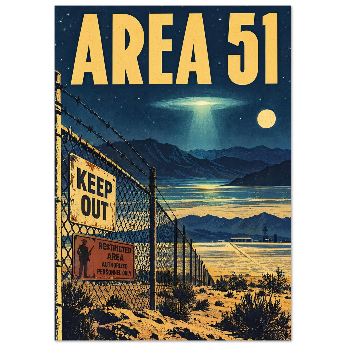 Area 51 poster with yellow lettering, a glowing UFO, desert mountains and a barbed-wire fence bearing warning signs.