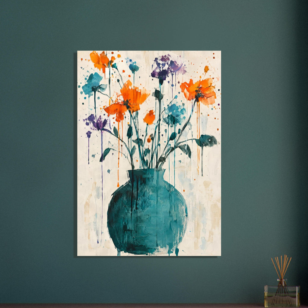 Orange, purple and teal flowers in a rounded teal vase, with paint splashes and drips on a cream background.
