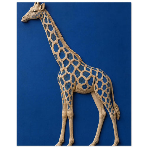 Beige giraffe with blue patches and a raised, sculptural appearance against a textured cobalt blue background.