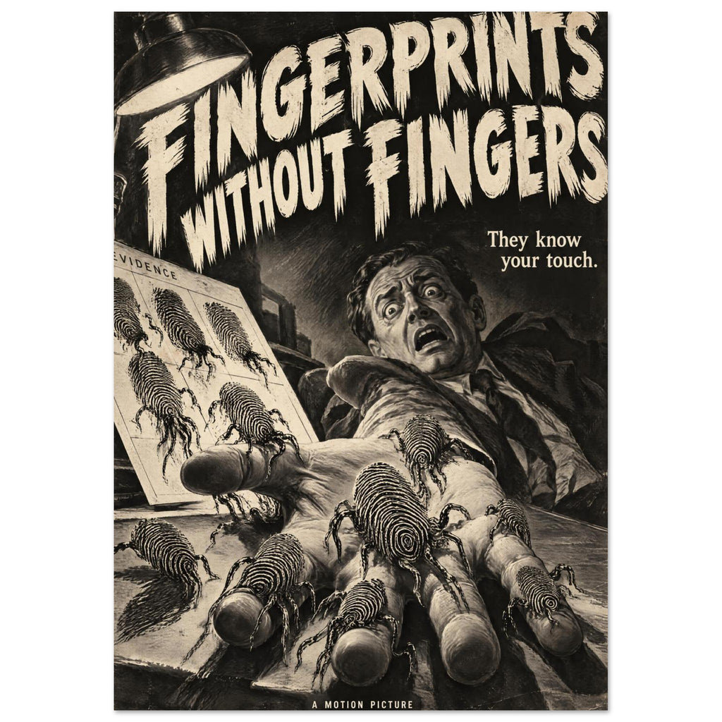 Fingerprint creatures crawl over an outstretched hand beneath a terrified man and the words ‘Fingerprints Without Fingers’.