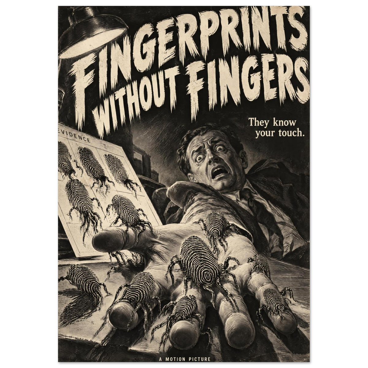 Fingerprint creatures crawl over an outstretched hand beneath a terrified man and the words ‘Fingerprints Without Fingers’.