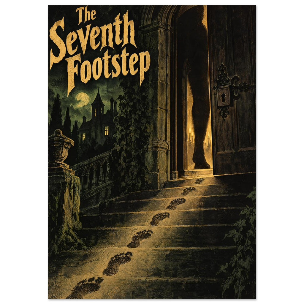 The Seventh Footstep lettering above footprints on stone stairs leading to a lit doorway, with a moonlit building beyond.
