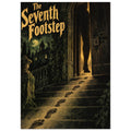 The Seventh Footstep lettering above footprints on stone stairs leading to a lit doorway, with a moonlit building beyond.