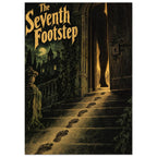 The Seventh Footstep lettering above footprints on stone stairs leading to a lit doorway, with a moonlit building beyond.