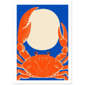 Orange crab with oversized raised claws surrounding a cream oval on a vivid blue background, with speckled texture.