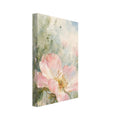 Open pink wild rose with a golden centre and green leaves against loose pale blue, sage and cream watercolour washes.