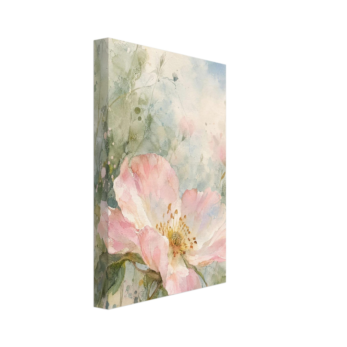 Open pink wild rose with a golden centre and green leaves against loose pale blue, sage and cream watercolour washes.