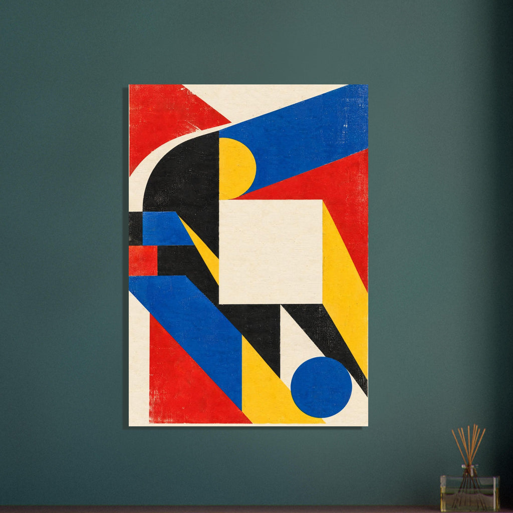 Geometric abstract shapes in red, blue, yellow, black and cream, with circles, diagonal bands and distressed texture.