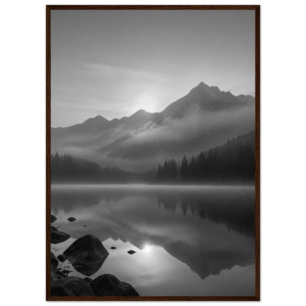 Mountain peaks and conifer forests reflected in a misty lake, with rocks in the foreground, in black and white.