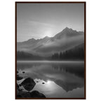 Mountain peaks and conifer forests reflected in a misty lake, with rocks in the foreground, in black and white.