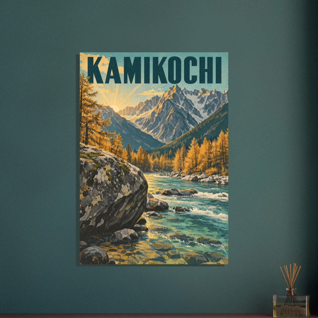 Kamikochi travel poster with snowy mountain peaks, golden trees, a turquoise river and large rocks beneath bold lettering.