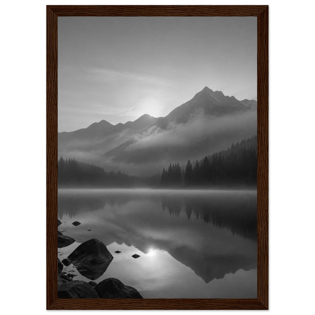 Mountain peaks and conifer forests reflected in a misty lake, with rocks in the foreground, in black and white.