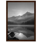 Mountain peaks and conifer forests reflected in a misty lake, with rocks in the foreground, in black and white.